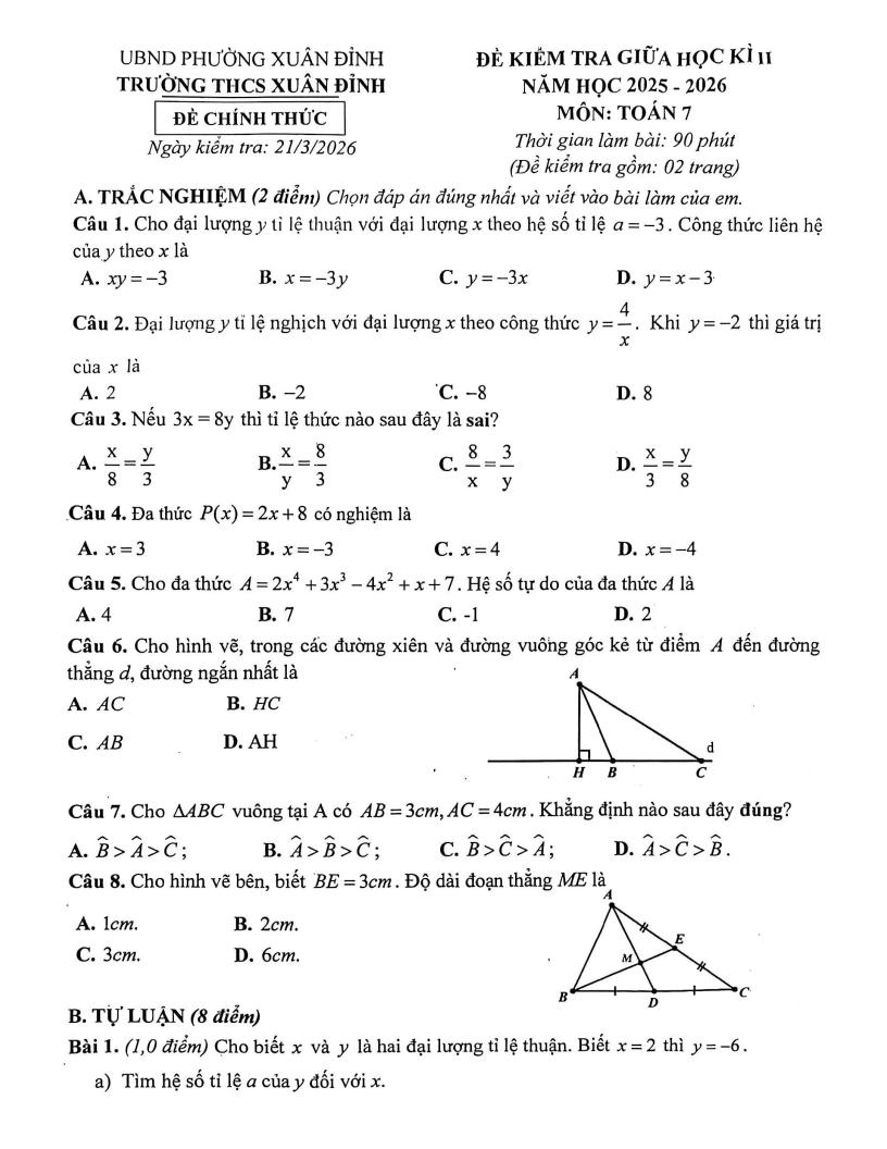 Đề thi Giữa kì 2 Toán 7 trường THCS Xuân Đỉnh (Hà Nội) năm 2025-2026
