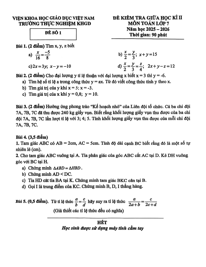 Đề thi Giữa kì 2 Toán 7 trường Thực Nghiệm KHGD (Hà Nội) năm 2025-2026