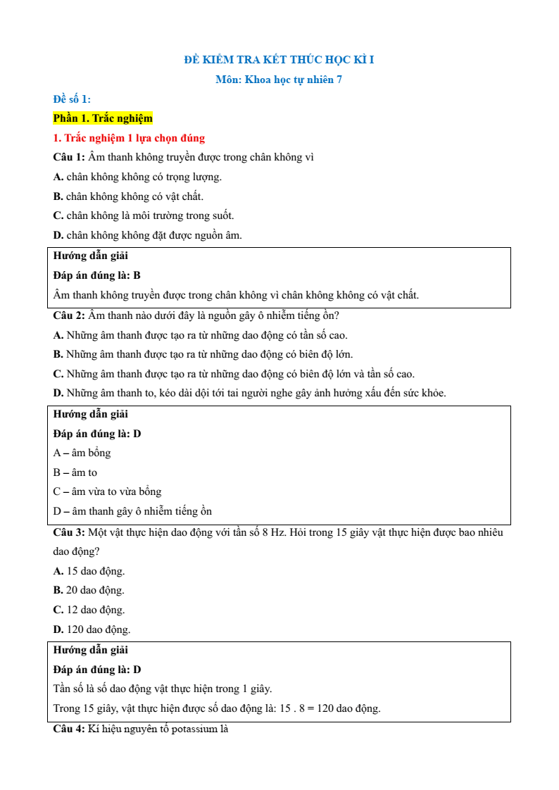 6 Đề thi Học kì 1 KHTN 7 Chân trời sáng tạo năm 2026 (có đáp án) | Đề thi Khoa học tự nhiên 7