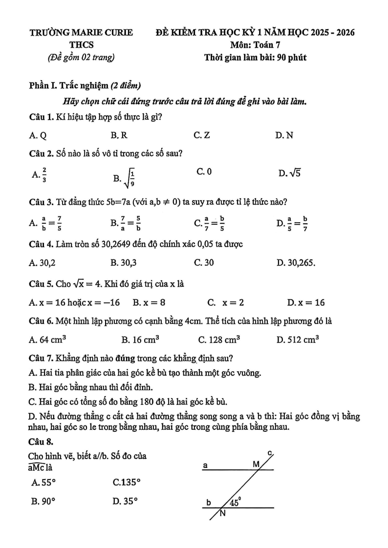 Đề thi Học kì 1 Toán 7 trường Marie Curie (Hà Nội) năm 2025-2026