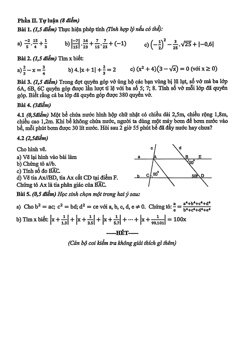 Đề thi Học kì 1 Toán 7 trường Marie Curie (Hà Nội) năm 2025-2026