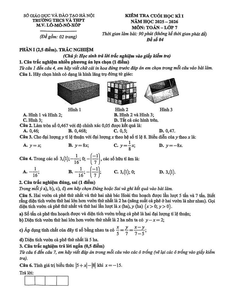 Đề thi Học kì 1 Toán 7 trường M.V. Lômônôxốp (Hà Nội) năm 2025-2026