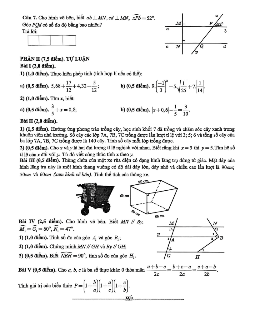 Đề thi Học kì 1 Toán 7 trường M.V. Lômônôxốp (Hà Nội) năm 2025-2026