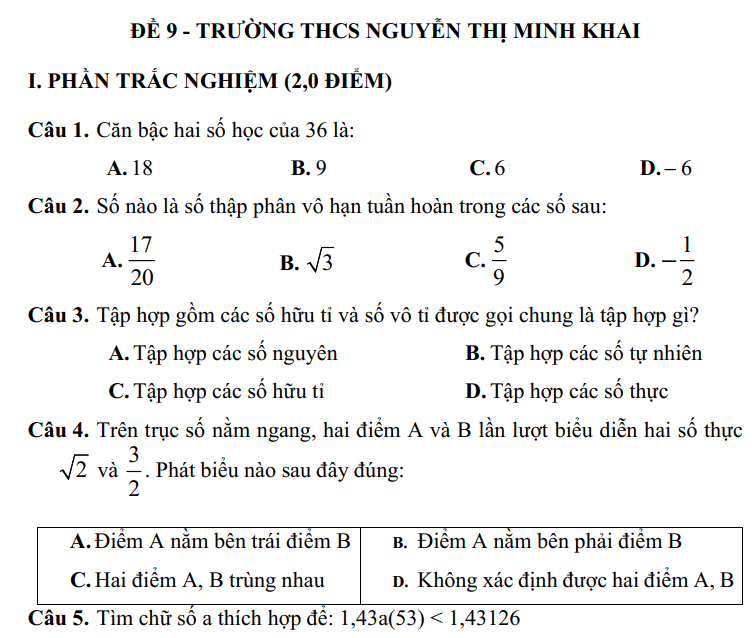 Đề thi Học kì Toán 7 năm 2025 Trường THCS Nguyễn Thị Minh Khai