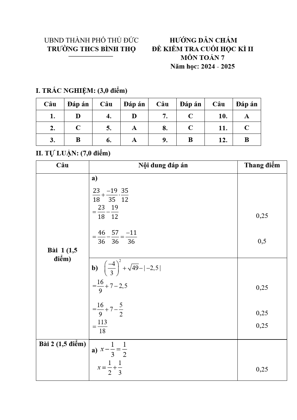Đề thi Giữa kì 1 Toán 7 năm 2025 Trường THCS Bình Thọ