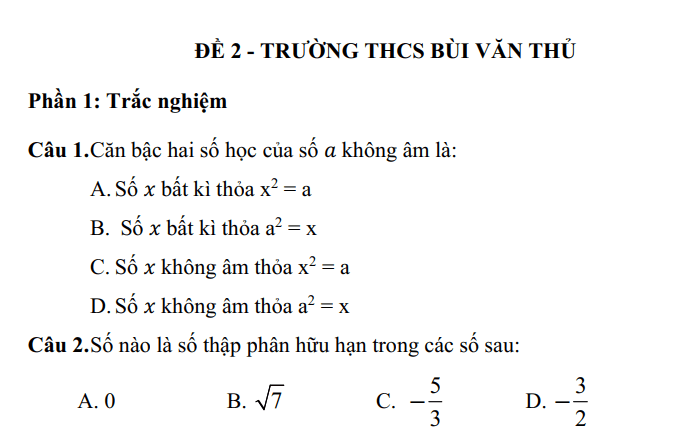 Đề thi Học kì Toán 7 năm 2025 Trường THCS Bùi Văn Thủ