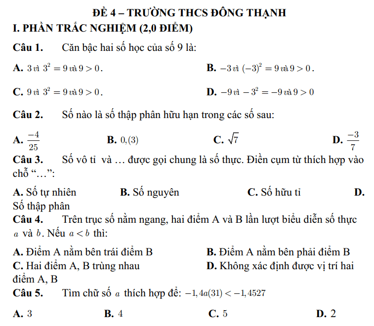 Đề thi Học kì Toán 7 năm 2025 Trường THCS Đông Thạnh