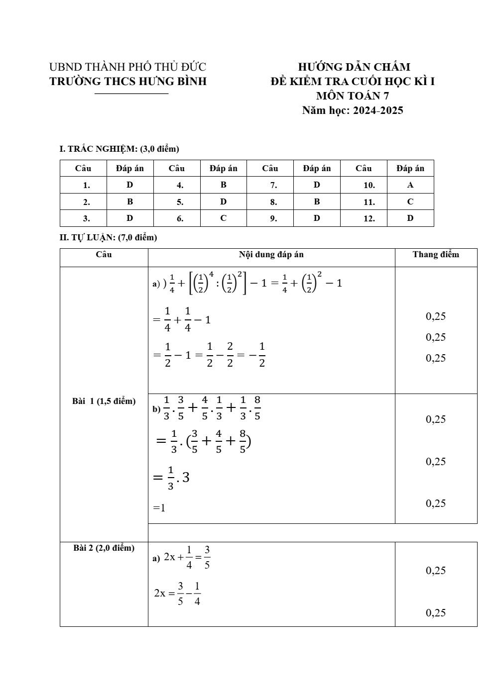 Đề thi Giữa kì 1 Toán 7 năm 2025 Trường THCS Hưng Bình