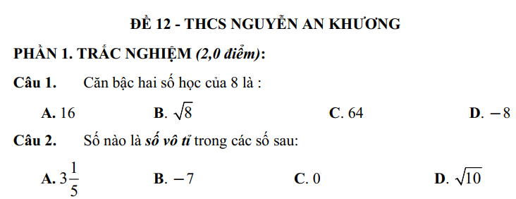 Đề thi Học kì Toán 7 năm 2025 Trường THCS Nguyễn An Khương