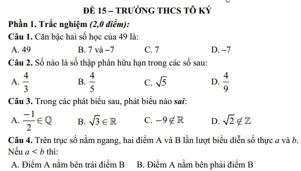 Đề thi Học kì Toán 7 năm 2025 Trường THCS Tô Ký