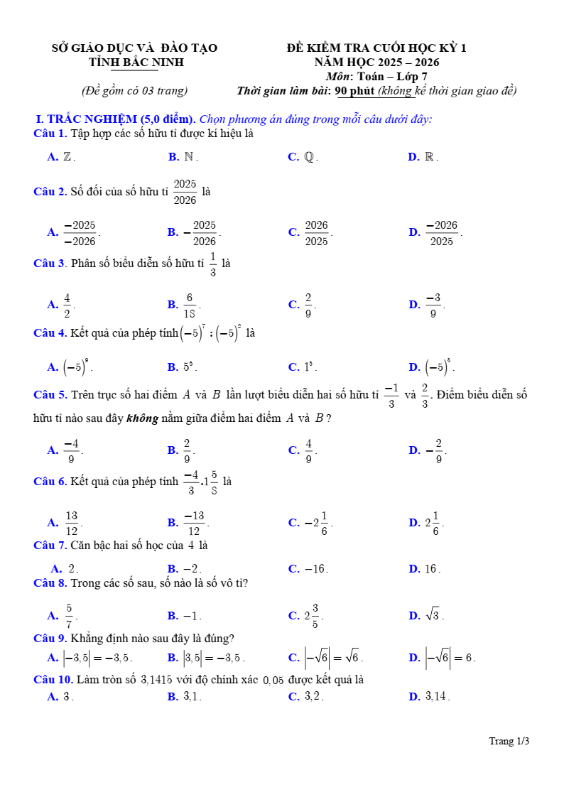 Đề thi Học kì 1 Toán 7 sở GD&ĐT Bắc Ninh năm 2025-2026