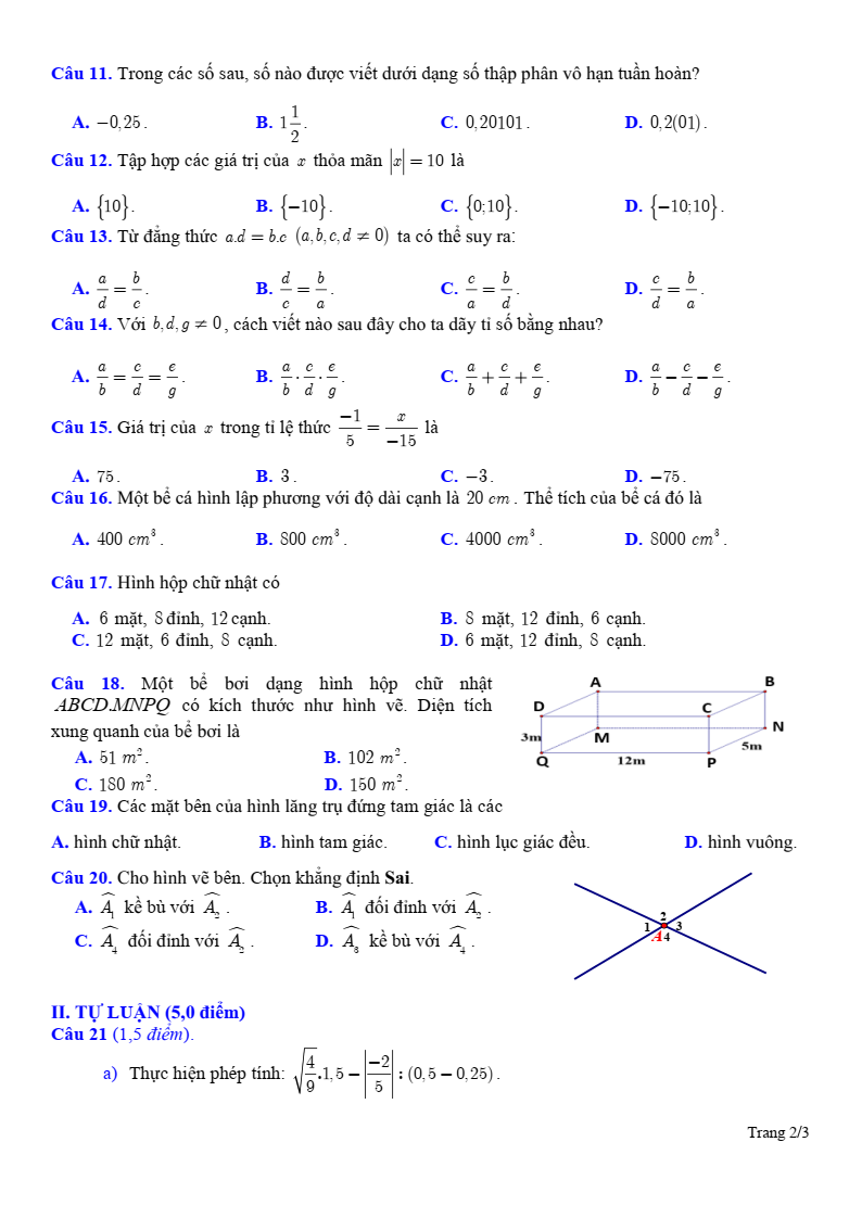 Đề thi Học kì 1 Toán 7 sở GD&ĐT Bắc Ninh năm 2025-2026