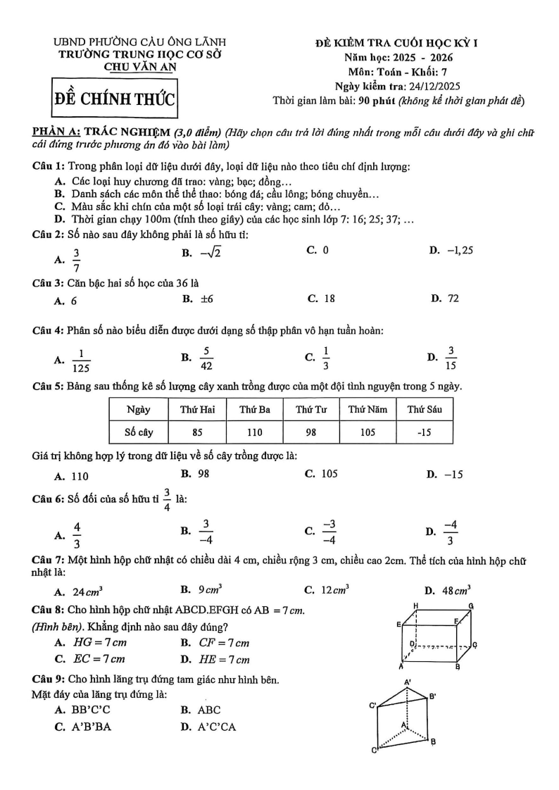 Đề thi Học kì 1 Toán 7 trường THCS Chu Văn An (Tp.HCM) năm 2025-2026