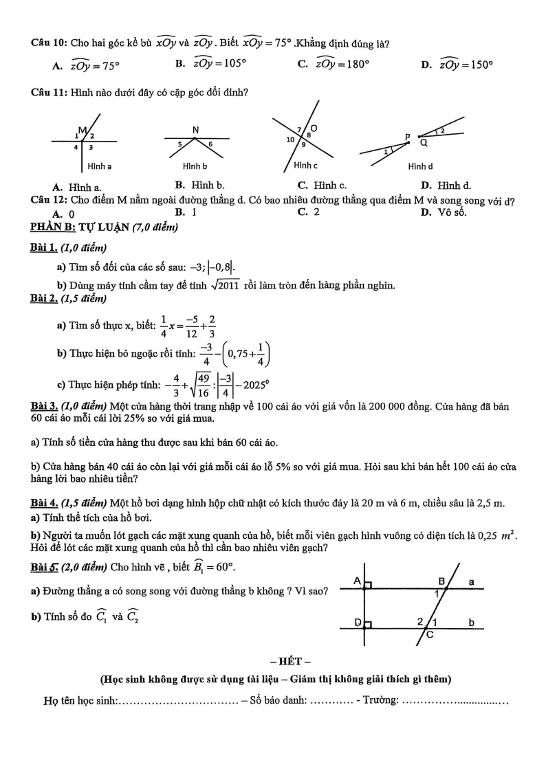 Đề thi Học kì 1 Toán 7 trường THCS Chu Văn An (Tp.HCM) năm 2025-2026