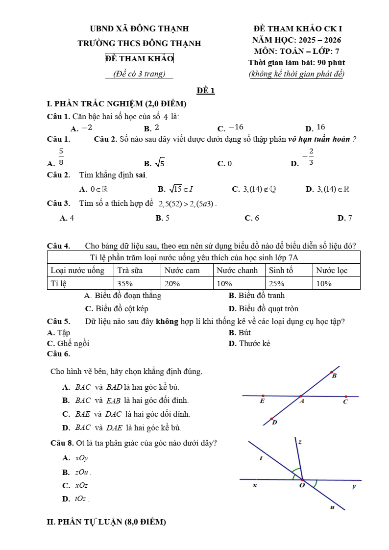 Đề thi Học kì 1 Toán 7 trường THCS Đông Thạnh (Tp.HCM) năm 2025-2026