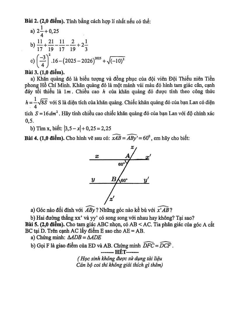 Đề thi Học kì 1 Toán 7 trường THCS Lê Lợi (Đà Nẵng) năm 2025-2026