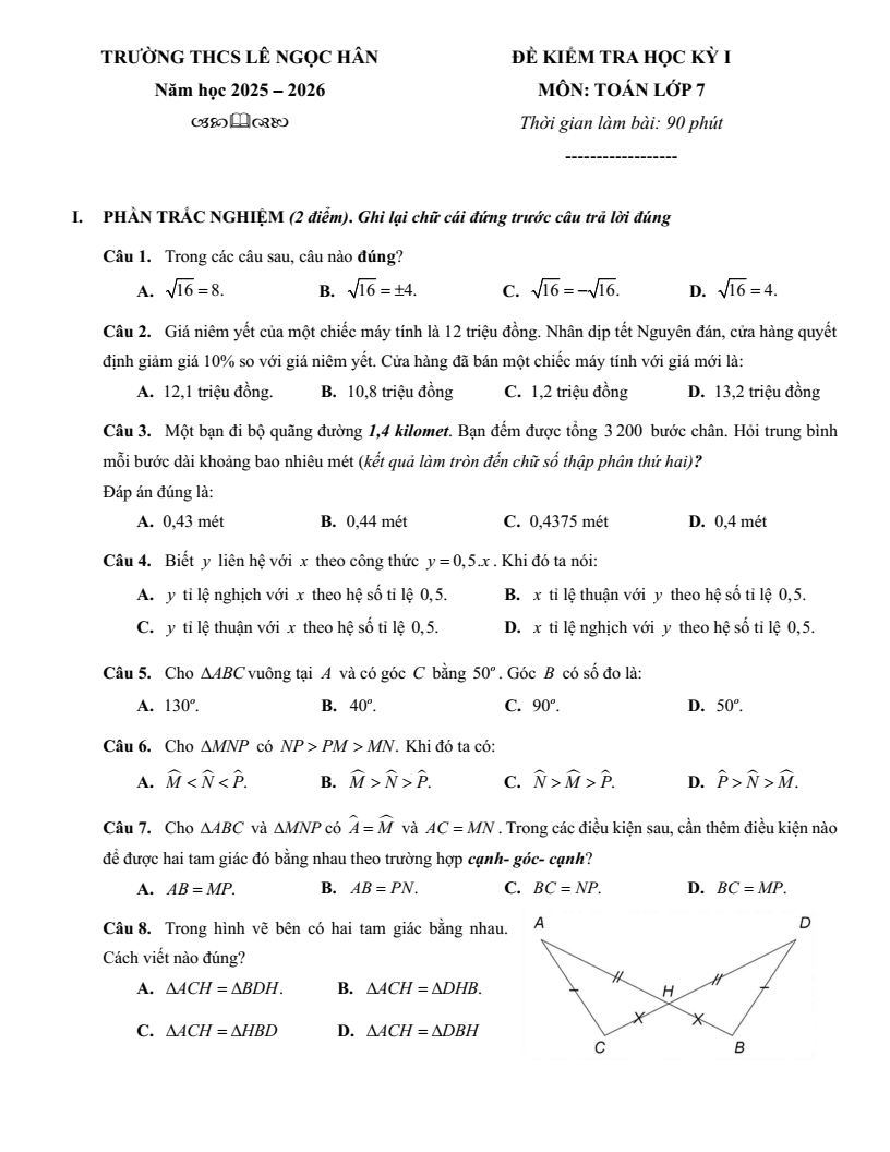 Đề thi Học kì 1 Toán 7 trường THCS Lê Ngọc Hân (Hà Nội) năm 2025-2026