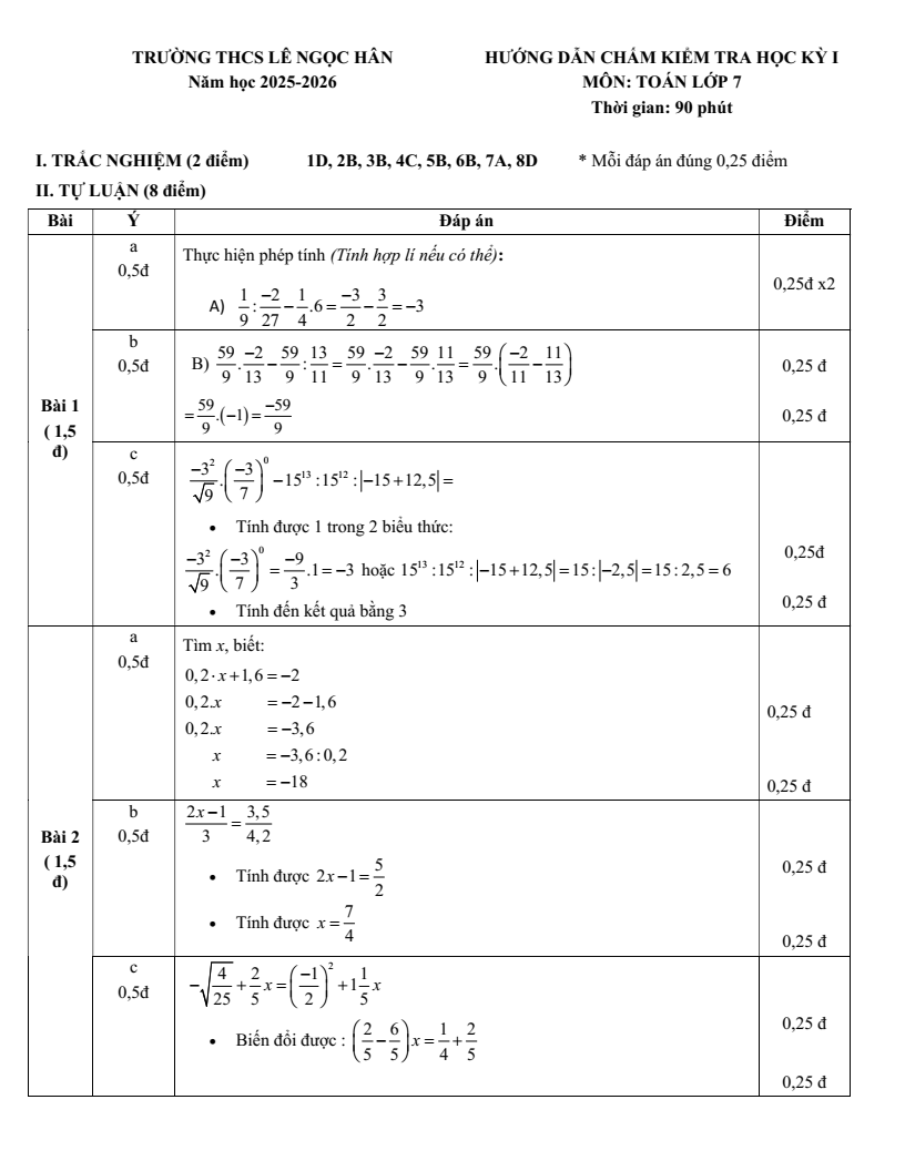 Đề thi Học kì 1 Toán 7 trường THCS Lê Ngọc Hân (Hà Nội) năm 2025-2026