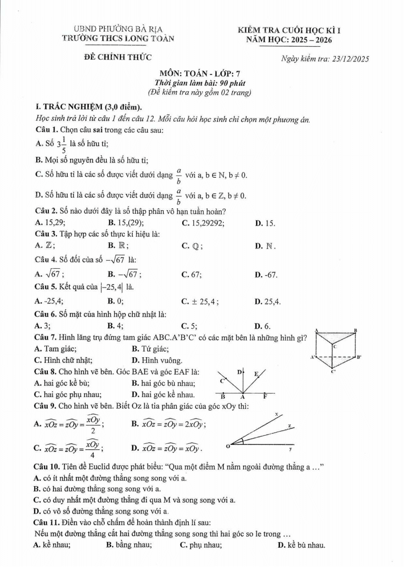 Đề thi Học kì 1 Toán 7 trường THCS Long Toàn (Tp. HCM) năm 2025-2026