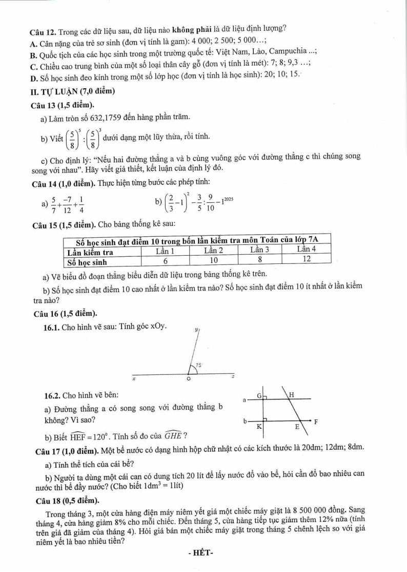Đề thi Học kì 1 Toán 7 trường THCS Long Toàn (Tp. HCM) năm 2025-2026
