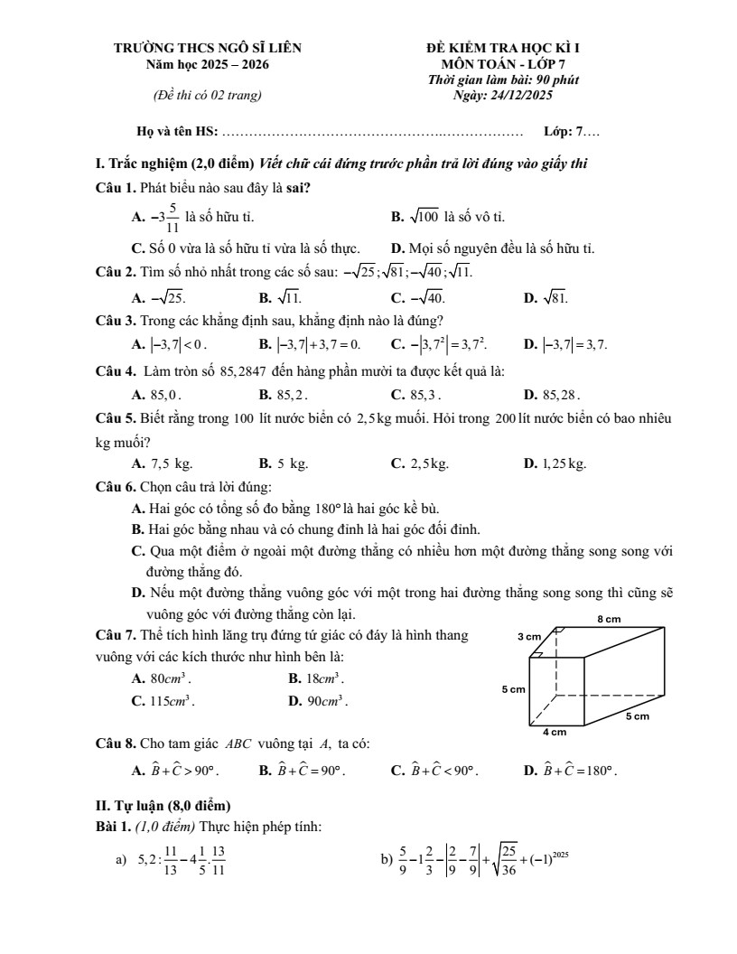 Đề thi Học kì 1 Toán 7 trường THCS Ngô Sĩ Liên (Hà Nội) năm 2025-2026