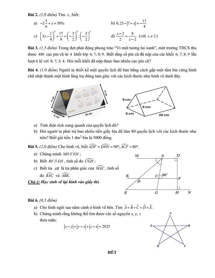 Đề thi Học kì 1 Toán 7 trường THCS Ngô Sĩ Liên (Hà Nội) năm 2025-2026