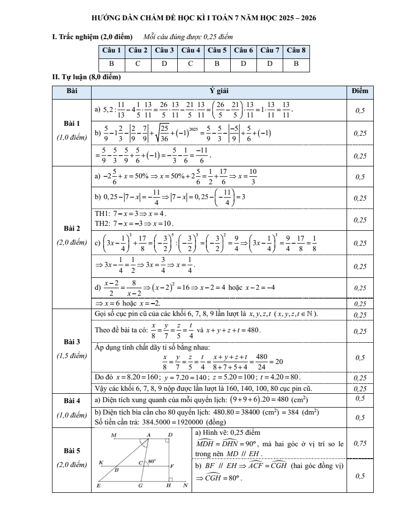 Đề thi Học kì 1 Toán 7 trường THCS Ngô Sĩ Liên (Hà Nội) năm 2025-2026