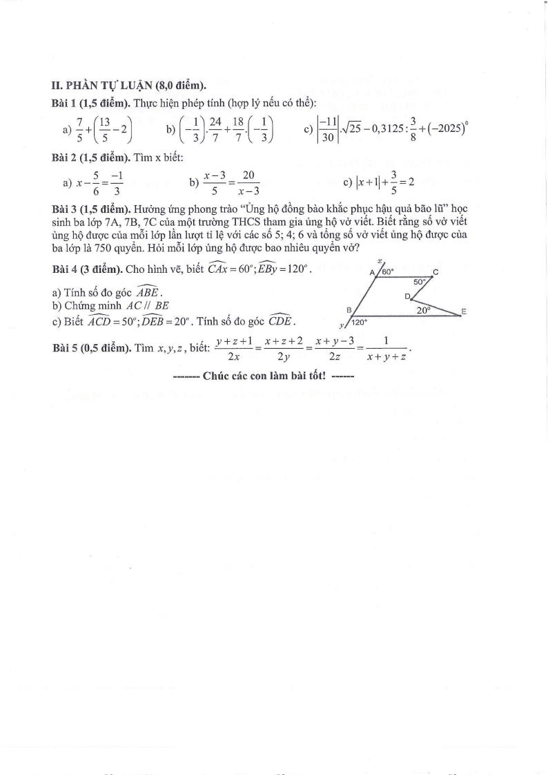 Đề thi Học kì 1 Toán 7 trường THCS Ngọc Lâm (Hà Nội) năm 2025-2026