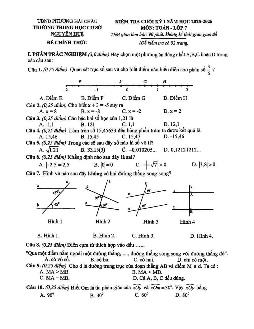 Đề thi Học kì 1 Toán 7 trường THCS Nguyễn Huệ (Đà Nẵng) năm 2025-2026