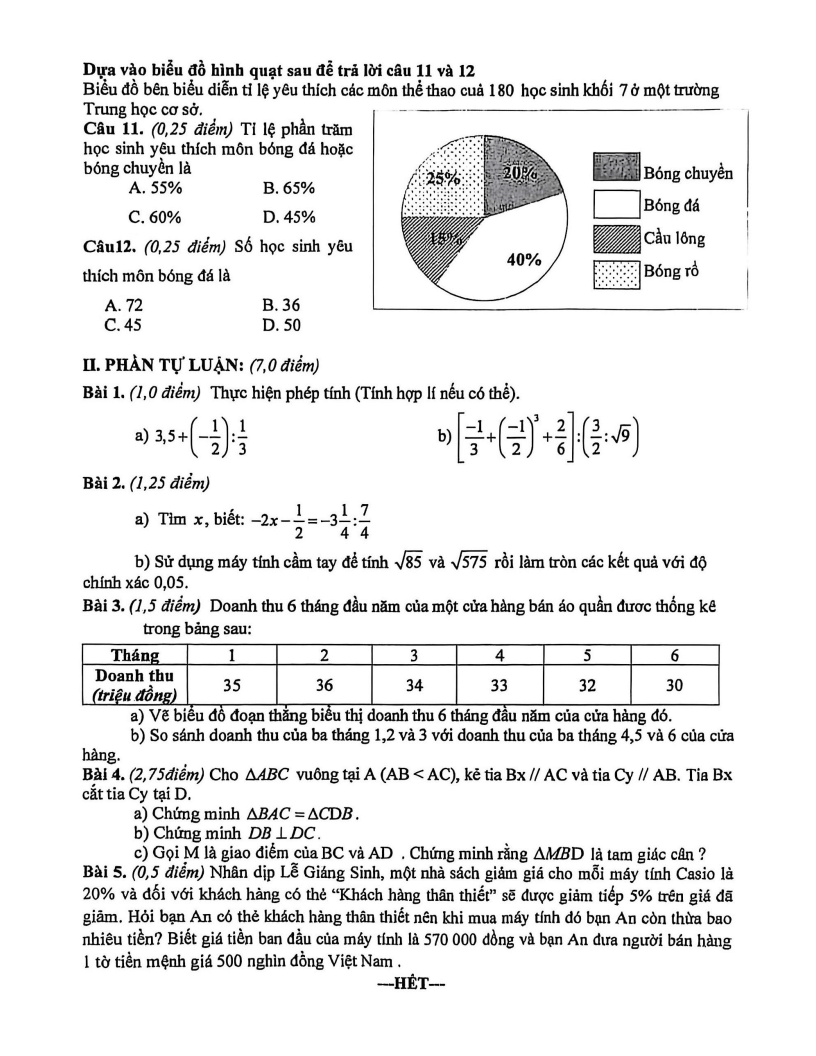 Đề thi Học kì 1 Toán 7 trường THCS Nguyễn Huệ (Đà Nẵng) năm 2025-2026
