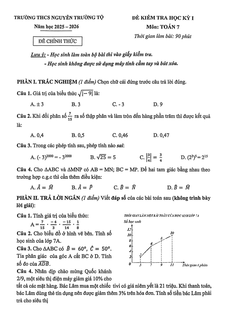 Đề thi Học kì 1 Toán 7 trường THCS Nguyễn Trường Tộ (Hà Nội) năm 2025-2026