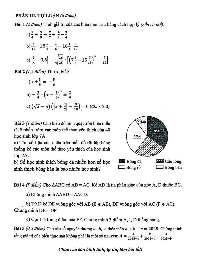 Đề thi Học kì 1 Toán 7 trường THCS Nguyễn Trường Tộ (Hà Nội) năm 2025-2026