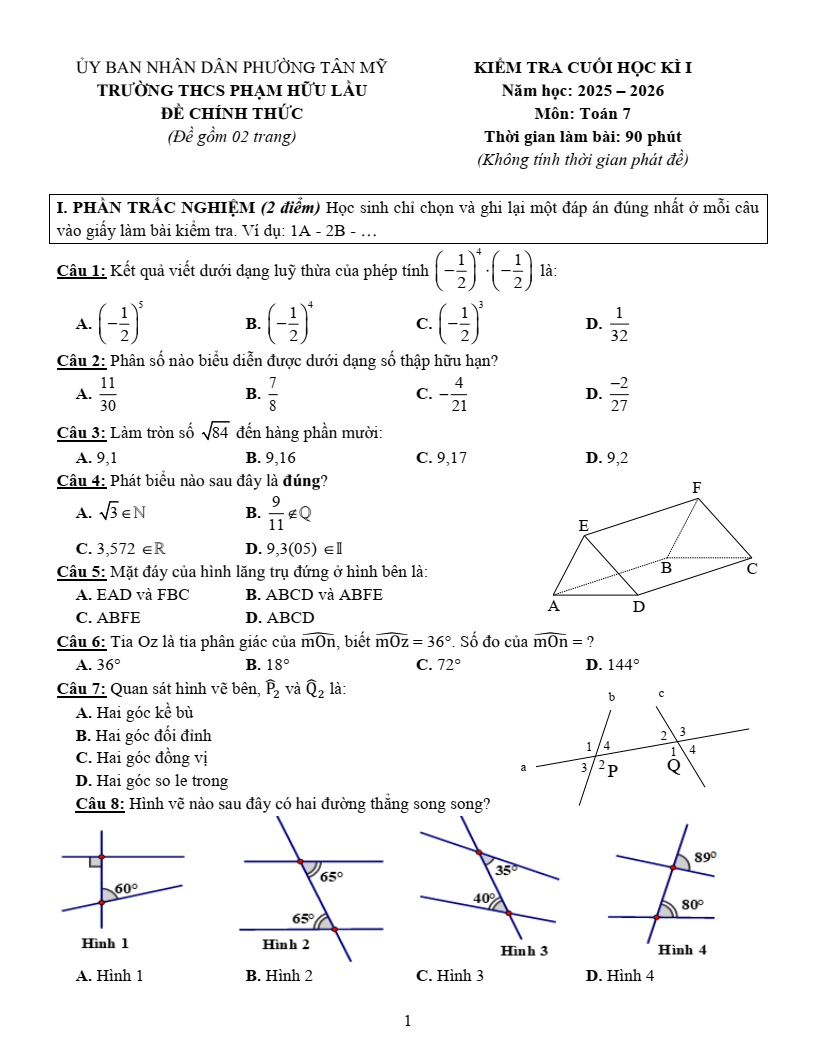 Đề thi Học kì 1 Toán 7 trường THCS Phạm Hữu Lầu (Tp. HCM) năm 2025-2026
