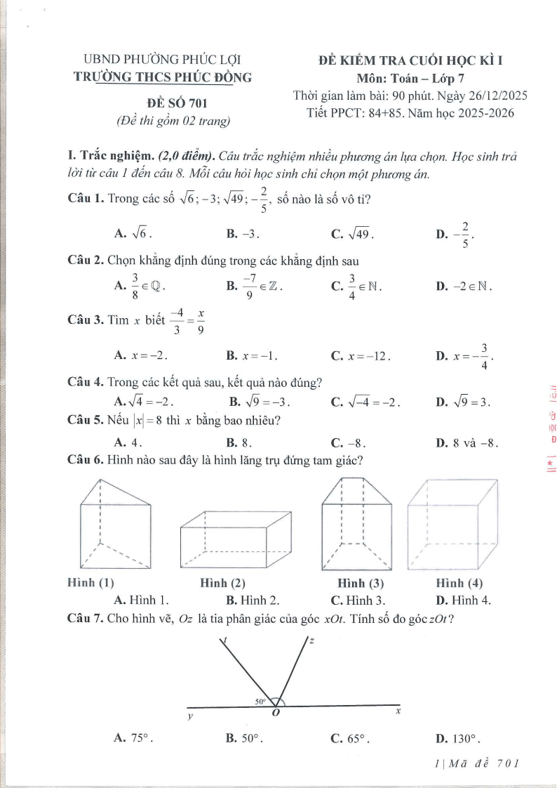Đề thi Học kì 1 Toán 7 trường THCS Phúc Đồng (Hà Nội) năm 2025-2026