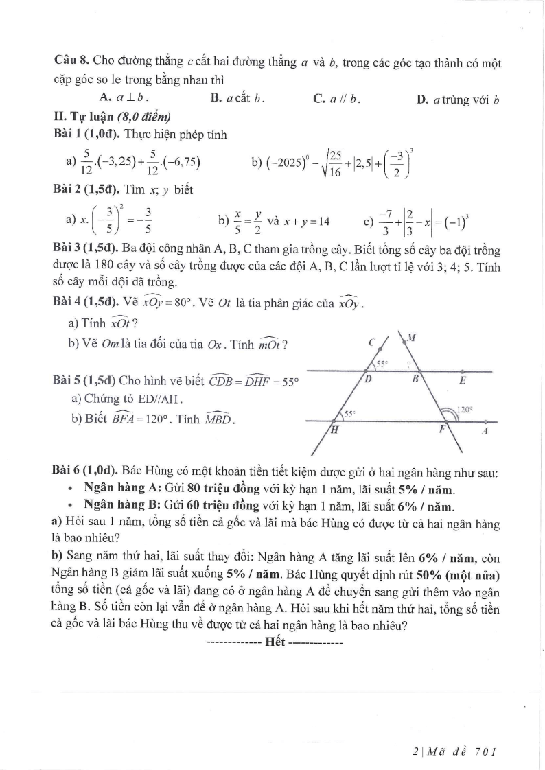 Đề thi Học kì 1 Toán 7 trường THCS Phúc Đồng (Hà Nội) năm 2025-2026
