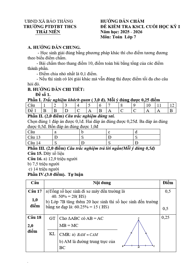 Đề thi Học kì 1 Toán 7 trường THCS Thái Niên (Lào Cai) năm 2025-2026