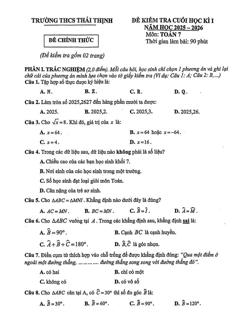 Đề thi Học kì 1 Toán 7 trường THCS Thái Thịnh (Hà Nội) năm 2025-2026