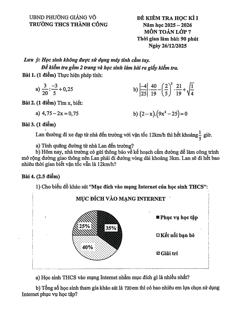 Đề thi Học kì 1 Toán 7 trường THCS Thành Công (Hà Nội) năm 2025-2026