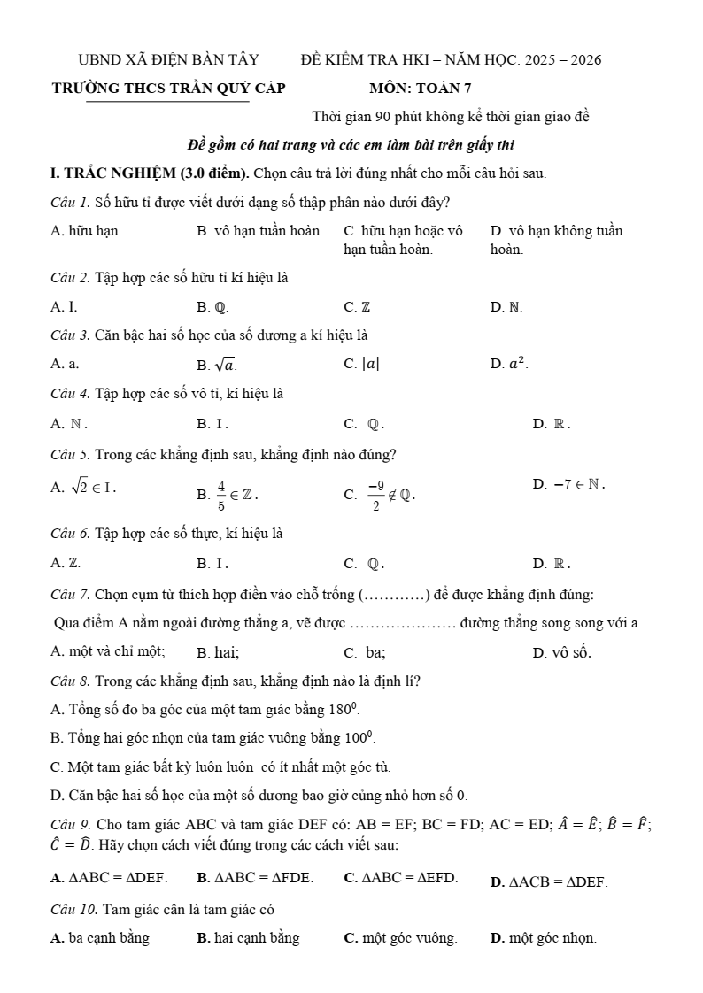 Đề thi Học kì 1 Toán 7 trường THCS Trần Quý Cáp (Đà Nẵng) năm 2025-2026
