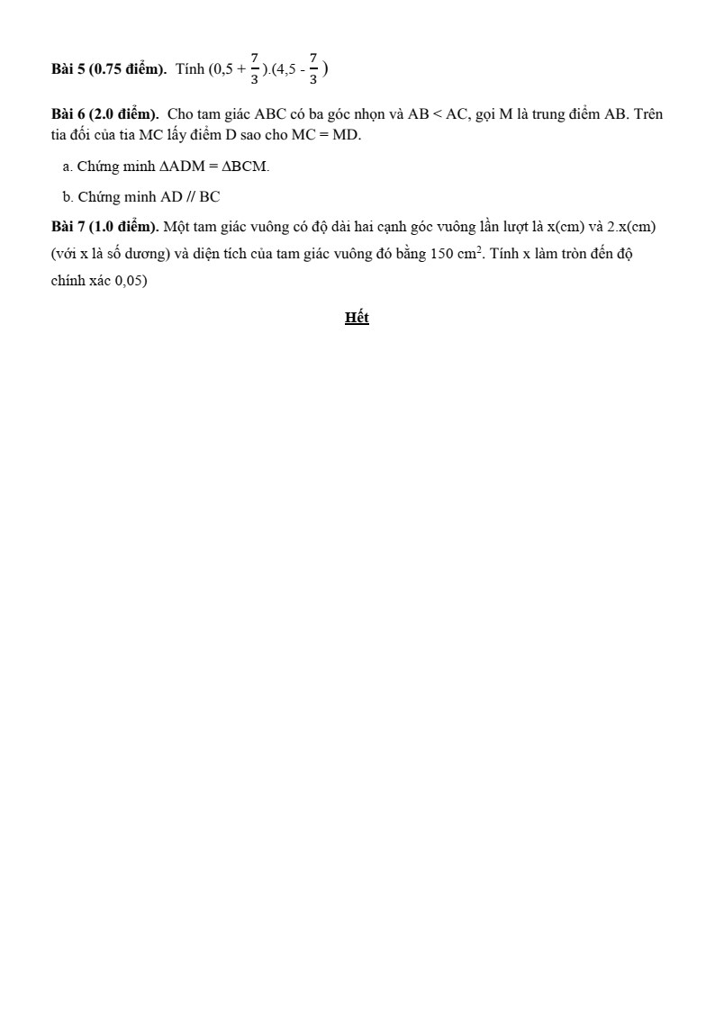 Đề thi Học kì 1 Toán 7 trường THCS Trần Quý Cáp (Đà Nẵng) năm 2025-2026
