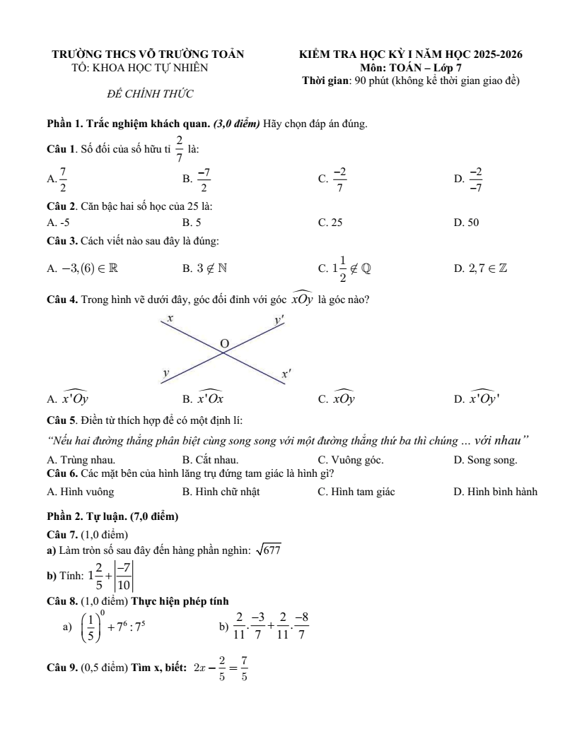 Đề thi Học kì 1 Toán 7 trường THCS Võ Trường Toản (Tp. HCM) năm 2025-2026