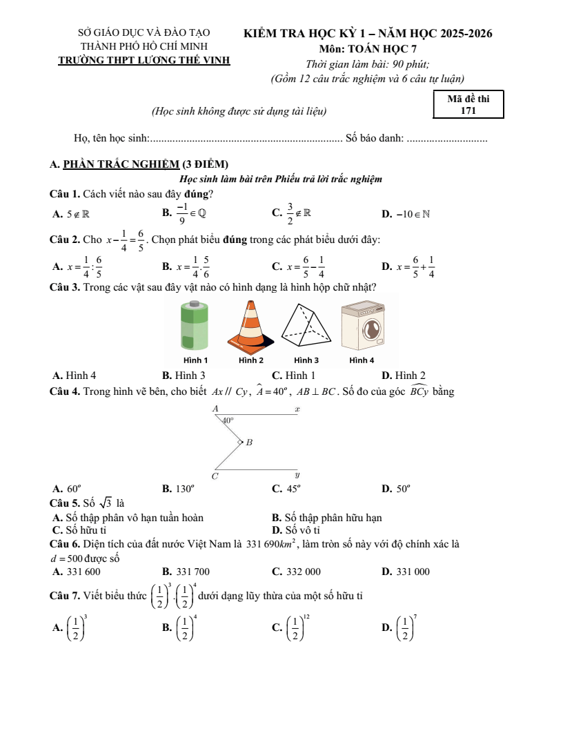 Đề thi Học kì 1 Toán 7 trường THPT Lương Thế Vinh (Tp. HCM) năm 2025-2026