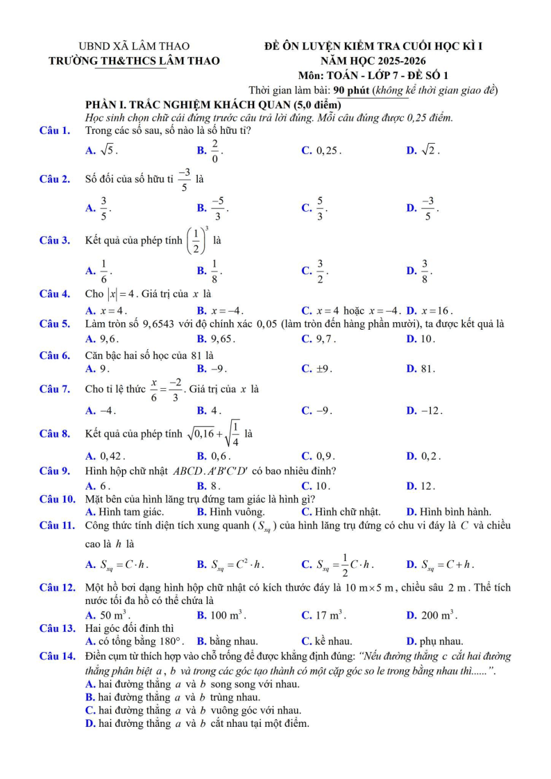 Đề thi Học kì 1 Toán 7 trường TH&THCS Lâm Thao (Bắc Ninh) năm 2025-2026