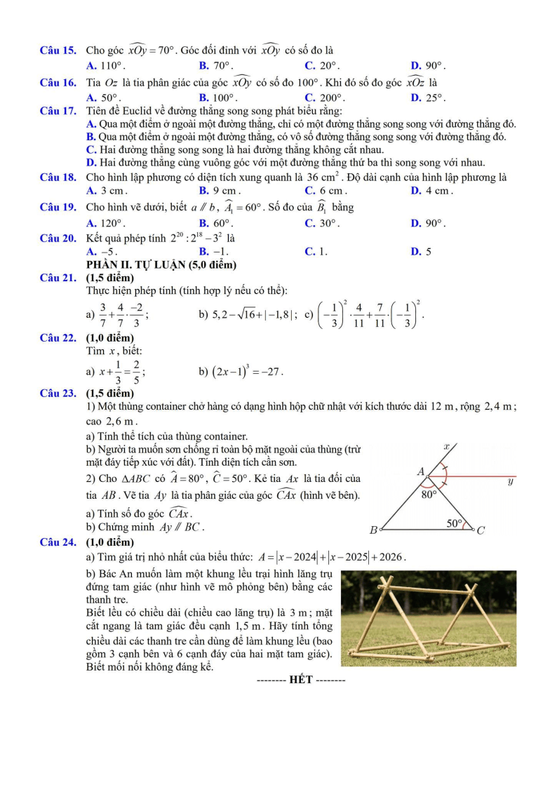 Đề thi Học kì 1 Toán 7 trường TH&THCS Lâm Thao (Bắc Ninh) năm 2025-2026