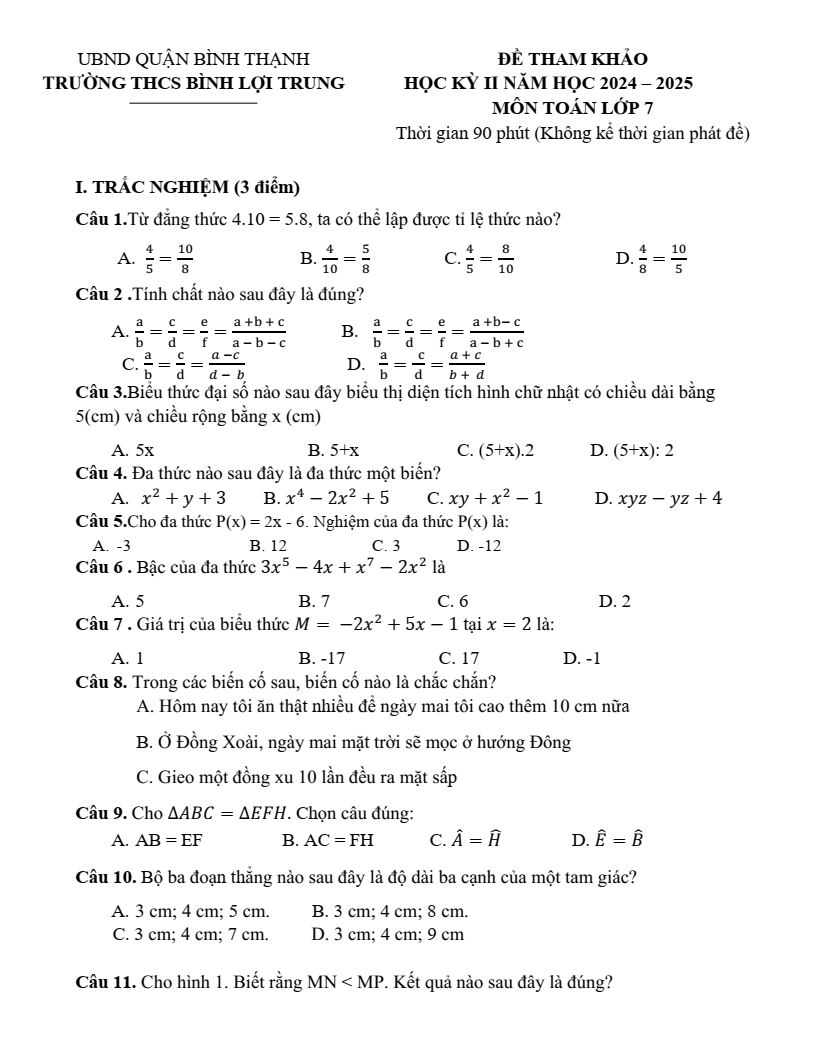Đề thi Học kì 2 Toán 7 phòng GD&ĐT Bình Thạnh (Tp.HCM) năm 2024-2025