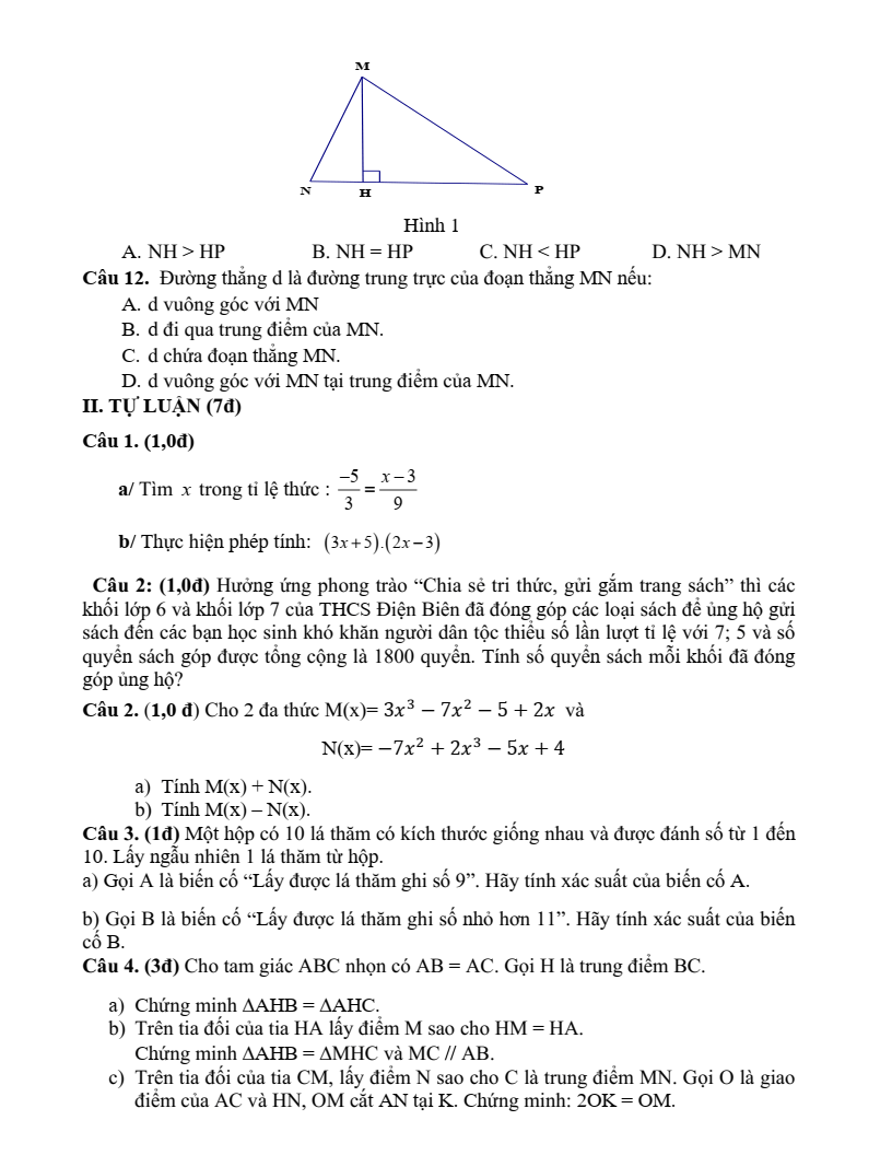 Đề thi Học kì 2 Toán 7 phòng GD&ĐT Bình Thạnh (Tp.HCM) năm 2024-2025