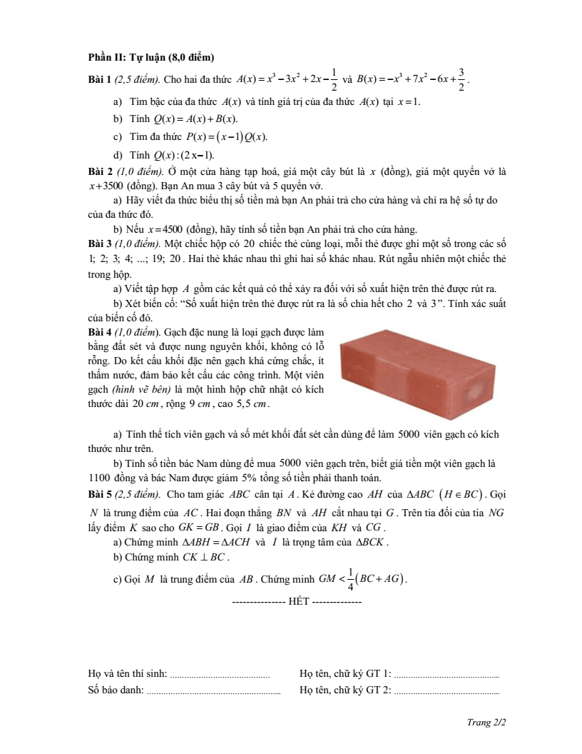 Đề thi Học kì 2 Toán 7 phòng GD&ĐT Giao Thủy (Nam Định) năm 2024-2025