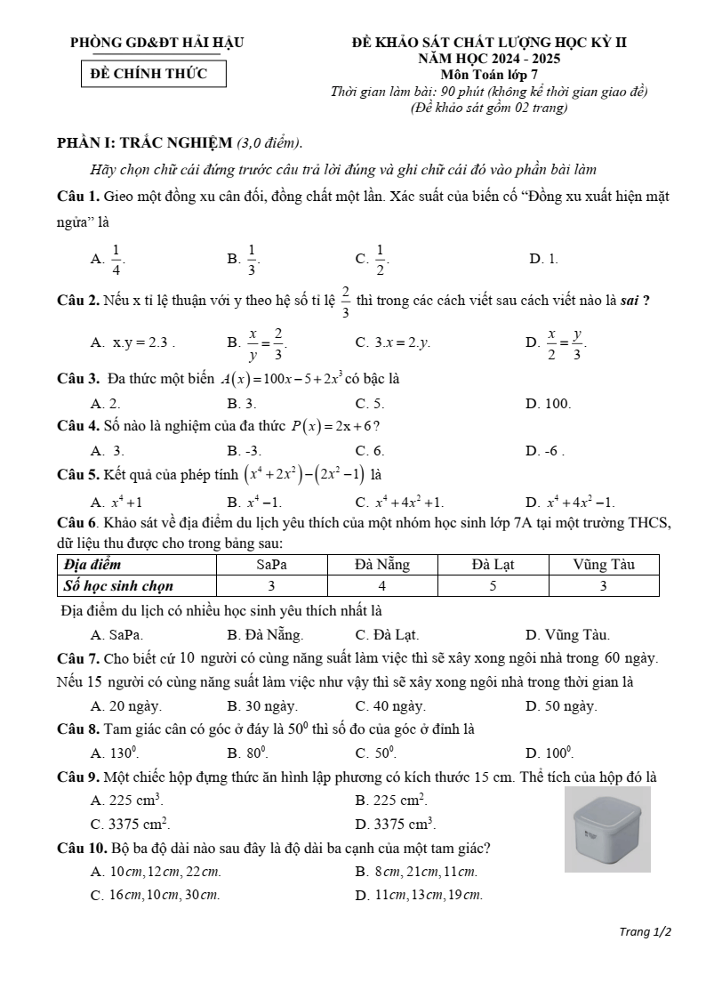 Đề thi Học kì 2 Toán 7 phòng GD&ĐT Hải Hậu (Nam Định) năm 2024-2025