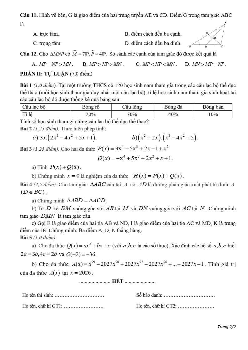 Đề thi Học kì 2 Toán 7 phòng GD&ĐT Hải Hậu (Nam Định) năm 2024-2025