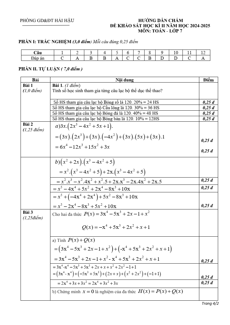 Đề thi Học kì 2 Toán 7 phòng GD&ĐT Hải Hậu (Nam Định) năm 2024-2025